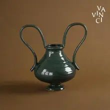 高級感のあるダークグリーン陶器製小花瓶【フレンチスタイル・ダブルハンドル・インテリア装飾用】