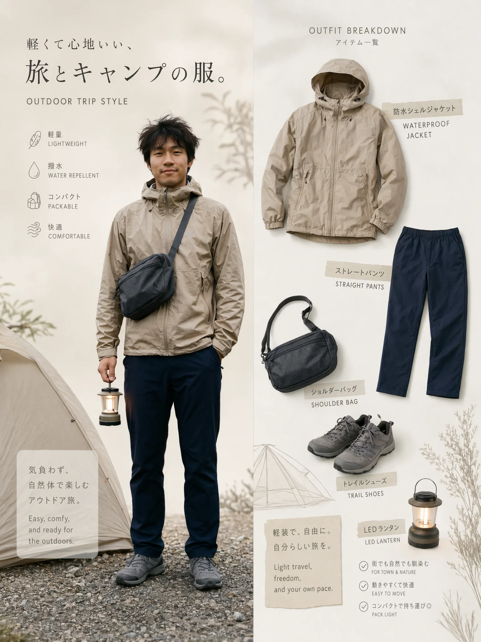 ベージュのフード付きジャケットにネイビーのロングパンツ、チャコールの斜め掛けバッグを合わせたアウトドアコーデ