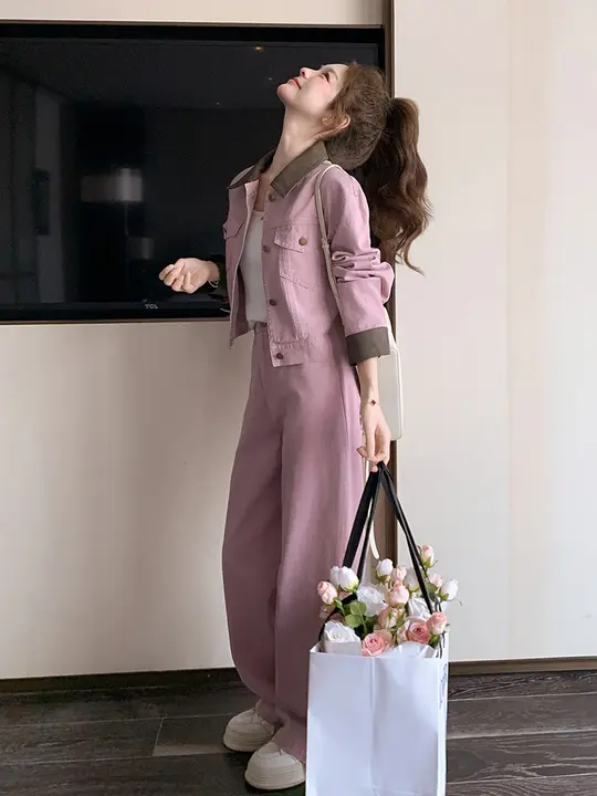 粉色デニムセットアップ【カジュアル・春用・外出用・クールデザイン】（セットアップ対応）