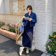 デニムジャケット風ロングドレス【デザイン性高い・ノースリーブ・秋用】（セットアップ対応）