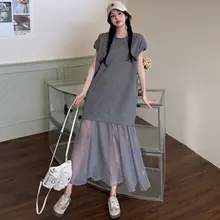 グレーのラウンドネックパッチワーク半袖ワンピース【膝下丈・Tシャツワンピース】（セットアップ対応）