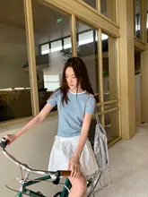 撞色ラウンドネック細ストライプ半袖Tシャツ【レディース・コットン素材・夏用】