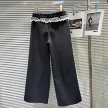 トレンドのチェック柄フリンジウエストデザインの個性的なワイドレッグカジュアルパンツ（セットアップ対応）