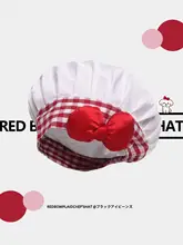 赤いギンガムチェックのシェフ帽子【可愛いリボン付き・コスプレ・料理用】