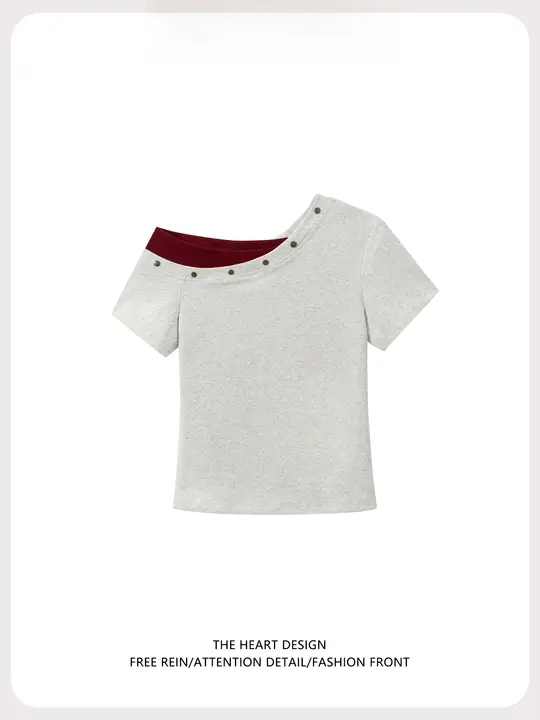 斜め襟デザインのショートスリーブTシャツ【女性用・フィット感抜群・オフショルダー】