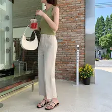 レディース ルーズフィットストレートパンツ【薄手・ハイウエスト・デザイン・通勤用】