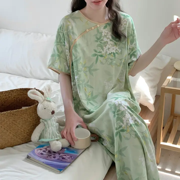 夏用プリント綿シルクネグリジェ【ストライプ・フィット・ミディアム丈・国風】
