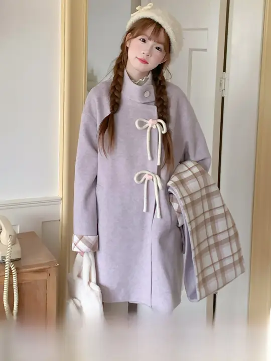 甘いチェック柄のリボン付きウールコート【チェックスカーフ付き】（セットアップ対応）