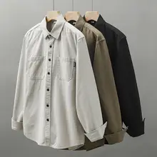 DUKEEN メンズロングスリーブコットンシャツ【春夏用・ポケット付き・ルーズフィット・レトロデザイン】