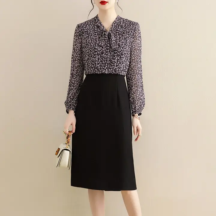 秋用ファッションパールプリントシフォンシャツワンピース【エレガントなデザイン・インナー付き】（セットアップ対応）