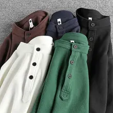 アメリカンスタイルのリバイバルデザイン 厚手ワッフルニット ヘンリーネック長袖Tシャツ