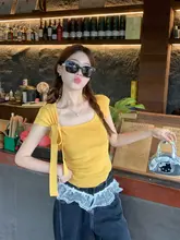 夏にぴったりの薄手ニット半袖Tシャツ【方形ネック・フィット感・イエロー】