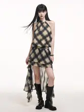 個性的デザイン！前短後長のシフォンヒョウ柄ハイネックワンピース（セットアップ対応）