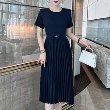 洗練されたデザイン！百褶Aラインドレス【膝下丈・ウエストきゅっと】（セットアップ対応）