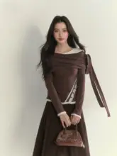 韓国風レトロ長袖オフショルダーTシャツ【フリーローブ・冬用】（セットアップ対応）