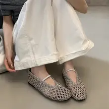 フランス風レトロデザインのメッシュ編みフラットシューズ【夏用・ロマン風・マリージェーン】