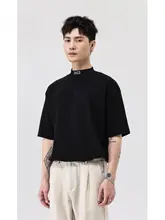 Tシャツ メンズ 半袖 モックネック 刺繍 ブラック ルーズ トレンド カジュアル きれいめ インナー 夏