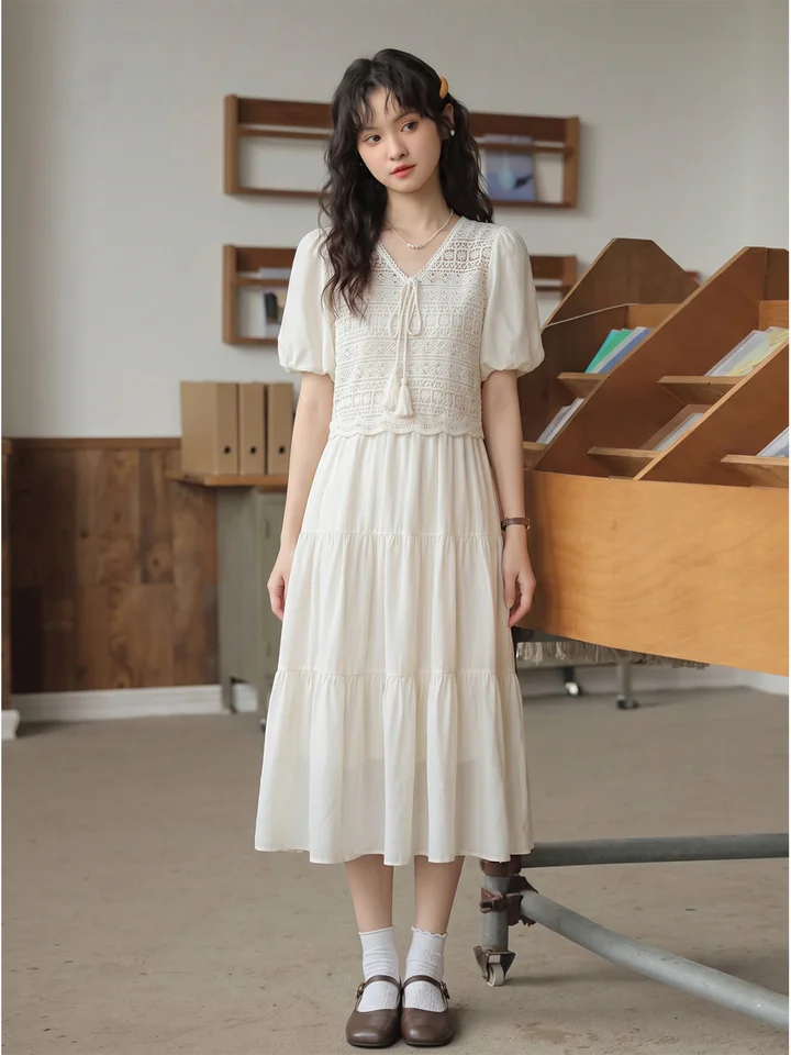 レトロな港風 杏色Vネック中長丈ワンピース【ゆったり快適・カジュアルタイプ】（セットアップ対応）