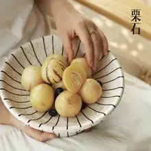 ビンテージ風の白黒ストライプ陶器フルーツプレート【インテリア装飾用】