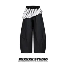 高街デザイン！スタッズ付きドット柄ワイドレッグデニムパンツ【ヴィンテージ風・女性用】
