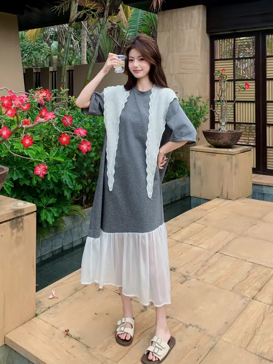 浅灰色メッシュカラー切替Tシャツワンピース【夏用・カジュアル・長袖】