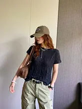 デザインのある皺加工天絲短袖Tシャツ【レディース・スリムフィット・クルーネック】