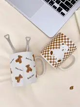 大容量 陶器製マグカップ【スプーン付き・レトロデザイン・カフェスタイル】