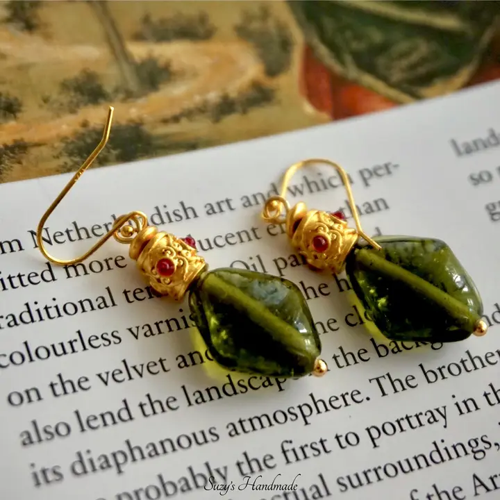 手作り琉璃を嵌め込んだ優雅な中国風ピアス【金メッキ・イヤリング】