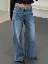 高腰デニムパンツ【ウォッシュ加工・フェイクポケット・レトロデザイン・ワイドレッグ】