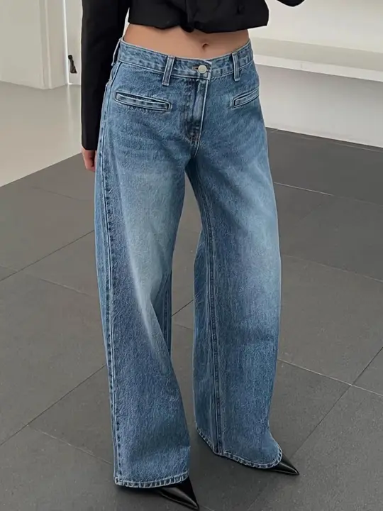 高腰デニムパンツ【ウォッシュ加工・フェイクポケット・レトロデザイン・ワイドレッグ】