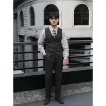 レトロなイギリス風 ダブルブレストカジュアルベスト【新郎用・ブラウン・スリムフィット】
