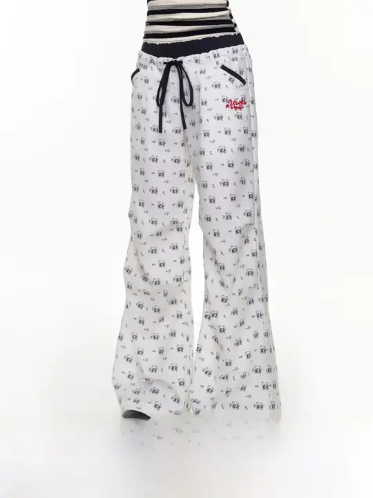 夏用ウエストダブルデザイン 白色プリントの工事パンツ【カジュアル・スタイルアップ効果】（セットアップ対応）