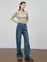 加熱付きワイドレッグデニムパンツ【女性用・高腰・スリム・秋冬用・ストレートデザイン】
