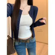 おしゃれなキャミソールとニットカーディガン【春秋用・短丈・長袖】（セットアップ対応）