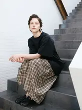 優雅な不規則チェックのウエストゴムロングスカート【フレア・花苞デザイン】