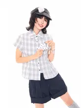 チェック柄 星柄飾り付きショートスリーブシャツ【女性用・シルエットにフィット・夏用】