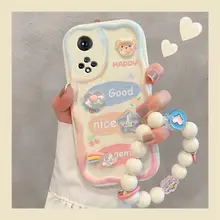 華為用スマートフォンケース【持ちやすいチェーン付き・立体的なウサギとクマデザイン・水滴型・全面保護】