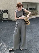 グレー 無袖 収腰 コットンリネンタンクトップとワイドパンツ【感あるスタイル】（セットアップ対応）
