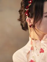 古典スタイルの長流しフリンジヘッドバンド【結婚式用・赤色・チャイニーズファッション】