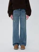爆裂纹デザイン水洗い低腰ストレートデニムパンツ