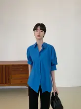 クラインブルーの純綿シャツ【春秋用・韓国風・ゆったりデザイン】