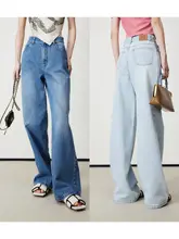 環境に優しい水洗い加工のヴィンテージスタイルハイウエストワイドレッグデニムパンツ（セットアップ対応）