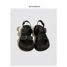 夏用ローマ風サンダル【本革・厚底・快適・黒・カジュアル】（セットアップ対応）