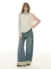 ドットデザインのカラー切替ラウンドネック長袖Tシャツ【秋春用・ストライプ・ゆったりタイプ】