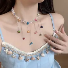 春夏用カラフルな水晶フリンジビーズネックレス【ラグジュアリー感・デコルテチェーン・可愛いデザイン】