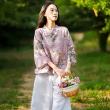 中華風ボタン付き短丈ブラウス【レトロデザイン・ルーズフィット・麻素材】