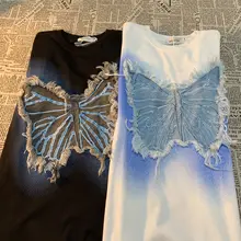 デニムフリンジのアメリカンヴィンテージ蝶柄パッチデザイン 半袖Tシャツ【ゆったりフィット・カジュアルスタイル】