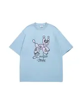 粉色と青の小犬プリントTシャツ【半袖・ダボダボ・レディース用】（セットアップ対応）