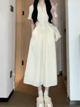 白色コットンPolo衿長袖ワンピース【ウエストシェイプ・夏用・カジュアルデザイン】（セットアップ対応）