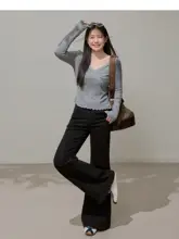 高ウエスト ブラックデニムパンツ【スリムフィット・フレアデザイン・大きいサイズ】（セットアップ対応）